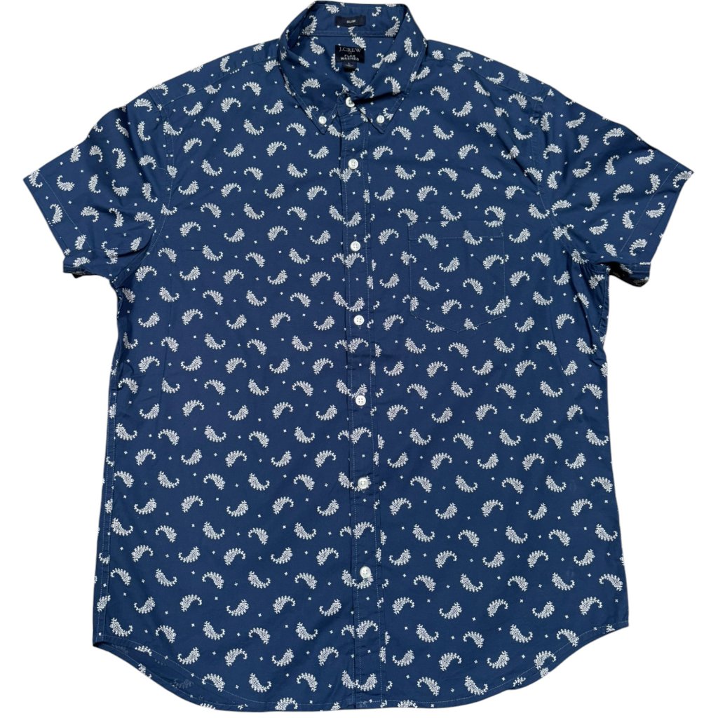 J. Crew White Paisley On Navy Men Flex Washed Slim Short Sleeve Size Large